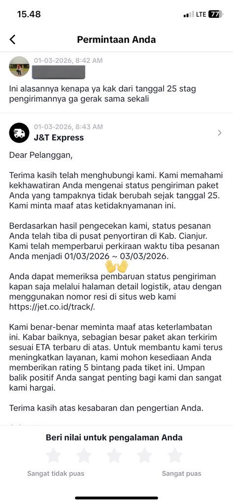 piscokpink's tweet photo. @jntexpressid  ini tolong gimana ya paket ga sampe-sampe. Estimasi tiba diperpanjang terus. Dari tanggal 03, 05, 06. Ditanya jawabannya template terus 

Customer experiencenya jelek banget https://t.co/HiMCas5vec