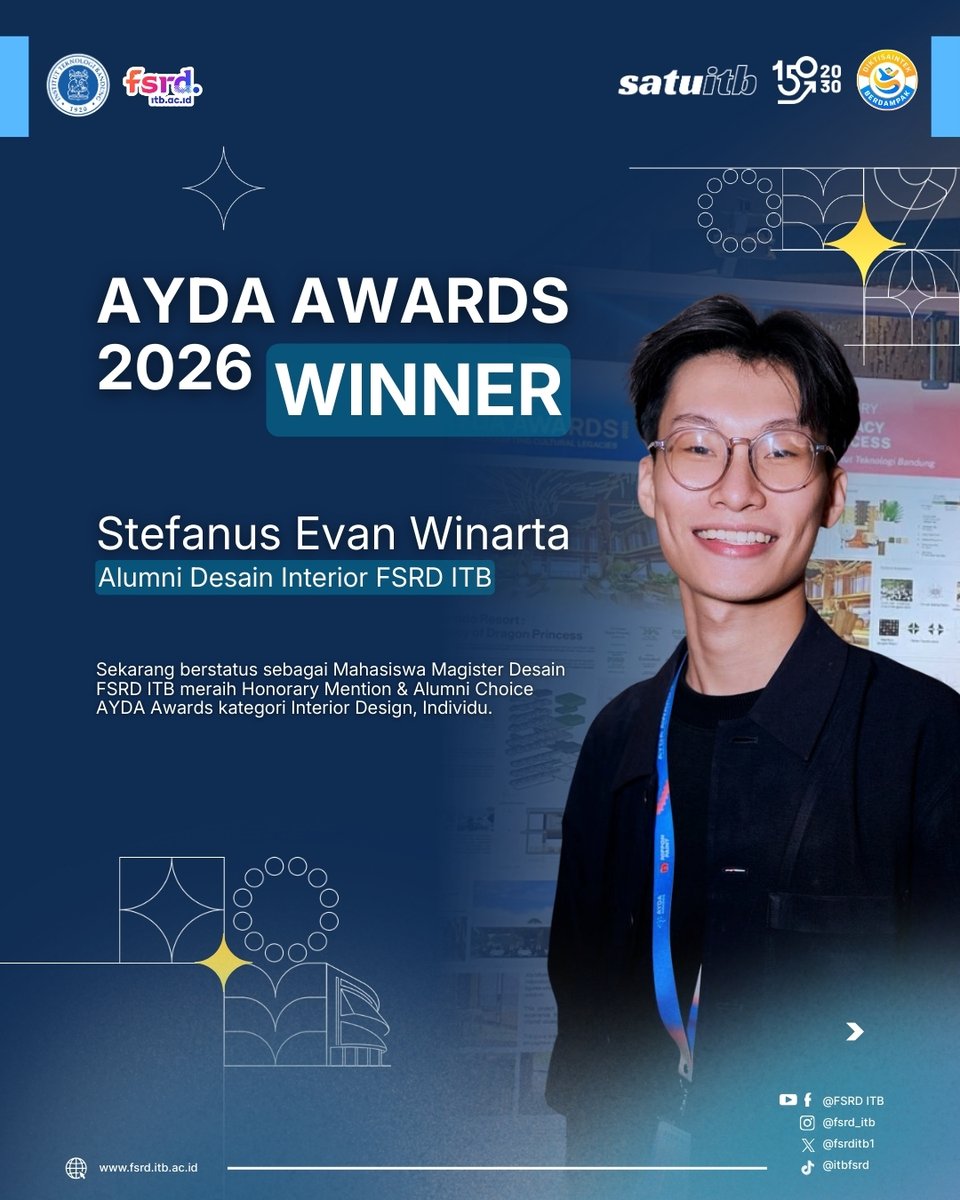 fsrditb1's tweet photo. Prestasi yang membanggakan dari Alumni Desain Interior FSRD ITB 2021 Stefanus Evan Winarta yang sekarang berstatus Mahasiswa Magister Desain FSRD ITB meraih "Honorary Mention &amp; Alumni Choice AYDA Awards kategori Interior Design, Individu". 

#itb #fsrditb #fsrditbprestasi https://t.co/xrMDHjFYtO