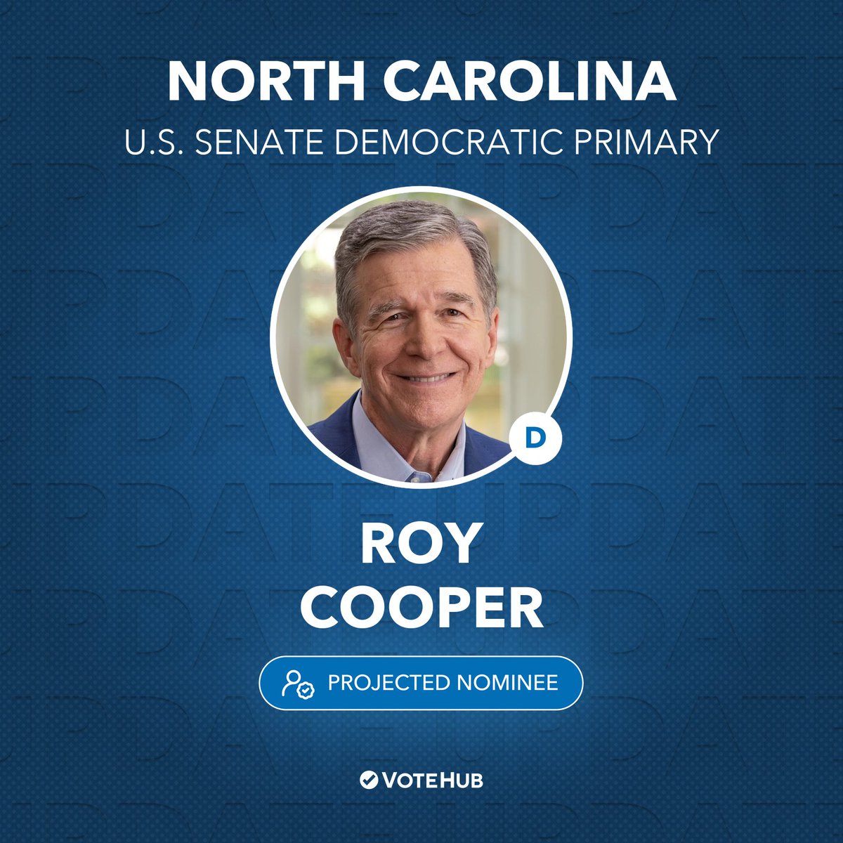 VoteHub projects Roy Cooper to win the North Carolina Democratic primary for U.S. Senate.