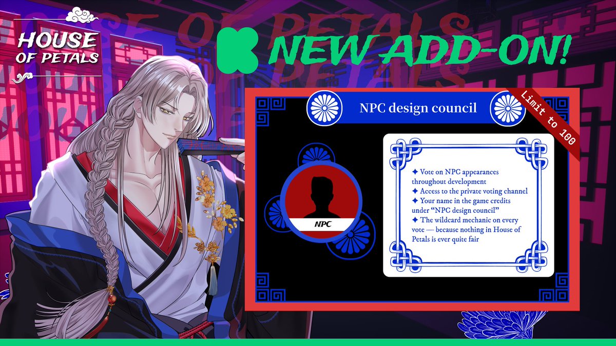 We past 200 backers (211 to be exact)!! To celebrate, I'm unlocking a NEW ADD-ON! NPC Design Council — for $8, you vote on the appearance of NPCs in House of Petals. But there's a wildcard mechanic for your votes...👀 100 seats only 👉kickstarter.com/projects/littl…

#houseofpetals