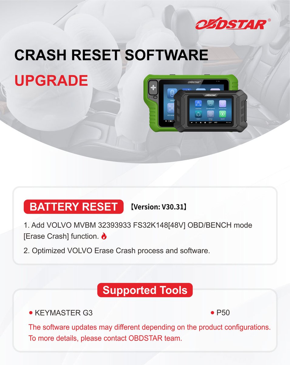 OBDSTAR P50 and G3 update Volvo 48V battery reset crash function

Add Volvo MVBM 32393933 FS32K148 (48V) battery OBD/Bench mode [Erase Crash] function

obdii365.com/wholesale/obds…