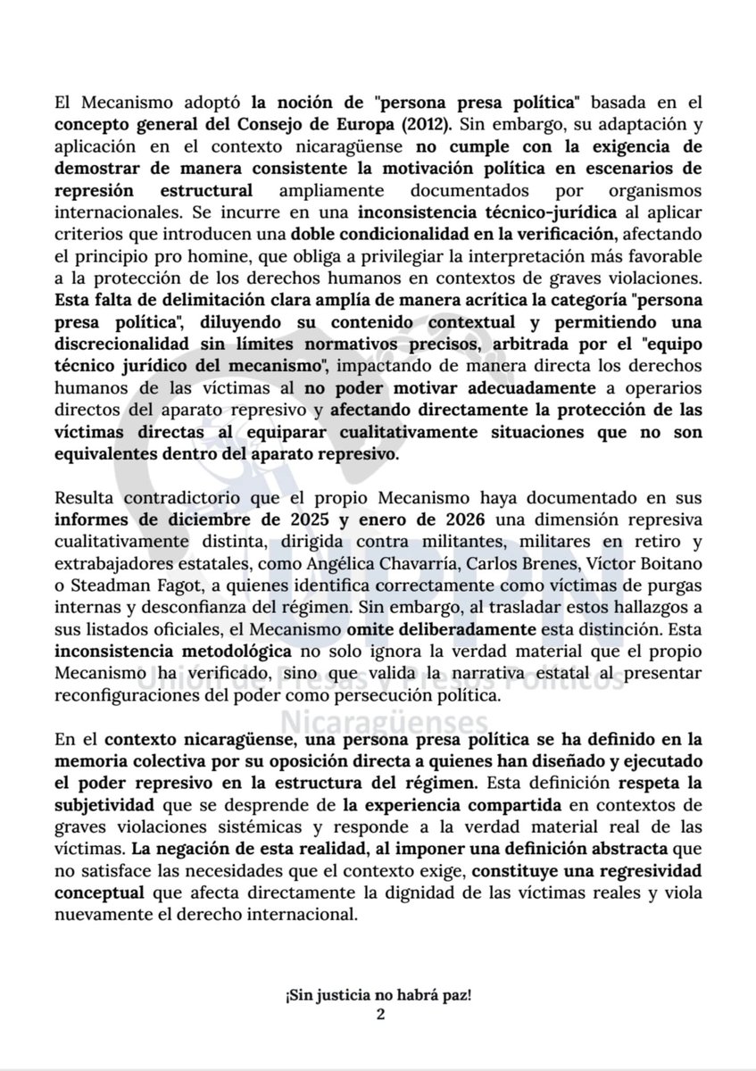 YaritzhaM's tweet photo. “Al no considerar las
superposiciones recomendadas por la UPPN y exigidas por el derecho
internacional, el Mecanismo agredió la razón fundante que nace como esfuerzo conjunto para construir el camino hacia la justicia, la verdad y la memoria. Las declaraciones de incompetencia y la verificación mecánica sin distinción
cualitativa calificada presentadas en las recientes listas publicadas por el
Mecanismo cimientan el camino hacia la impunidad y representan una
extensión de la agresión hacia las víctimas directas.”

“En consecuencia, la UPPN desconoce el reconocimiento de cualquier persona operaria, ejecutora, coautora y creadora de la maquinaria unificada de represión del régimen por parte del Mecanismo para el Reconocimiento de Personas Presas Políticas de Nicaragua bajo el registro de la categoría general de "persona presa política" sin la debida distinción cualitativa calificada que el
contexto nicaragüense demanda...”
