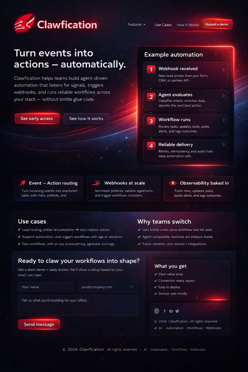 BeastValue's tweet photo. Clawfication .com is a powerful domain built for the era of intelligent automation and AI-driven workflows.

Blending the energy of “claw” with the transformation implied by “-fication,” the name suggests systems that capture, orchestrate, and transform data into action.

Ideal for startups building AI agents, automation platforms, webhook infrastructures, or workflow engines, Clawfication evokes technology that pulls signals from across the web and turns them into coordinated processes. Imagine a platform where autonomous agents monitor events, trigger workflows, and move information seamlessly between systems.

This bold, modern name offers a memorable foundation for brands shaping the future of automation and artificial intelligence.

🦞🔗⬇️