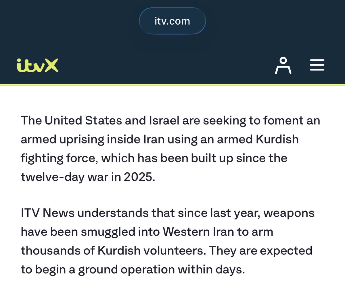 BREAKING: 🔴

Weapons have been smuggled into Western Iran to arm thousands of Kurdish volunteers. They are expected to begin a ground operation within days, according to ITV News.

Contributed by <a href="/AZ_Intel_/">AZ Intel</a>.