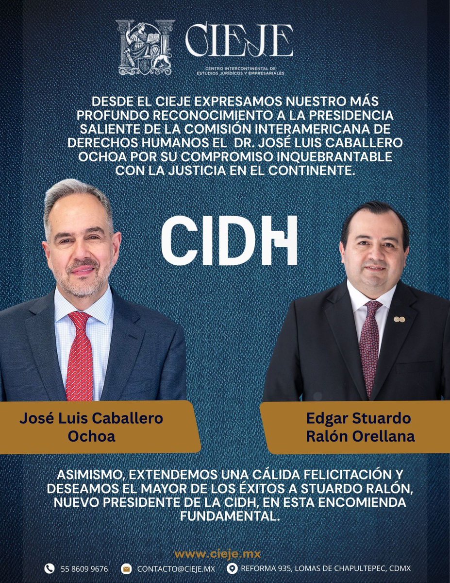 🤝 RECONOCIMIENTO Y NUEVO CICLO EN LA CIDH 🌎⚖️

Extendemos nuestro reconocimiento a la presidencia saliente de la Comisión Interamericana de Derechos Humanos por su invaluable gestión. Asimismo, felicitamos y deseamos el mayor de los éxitos al Dr. José Luis Caballero Ochoa,