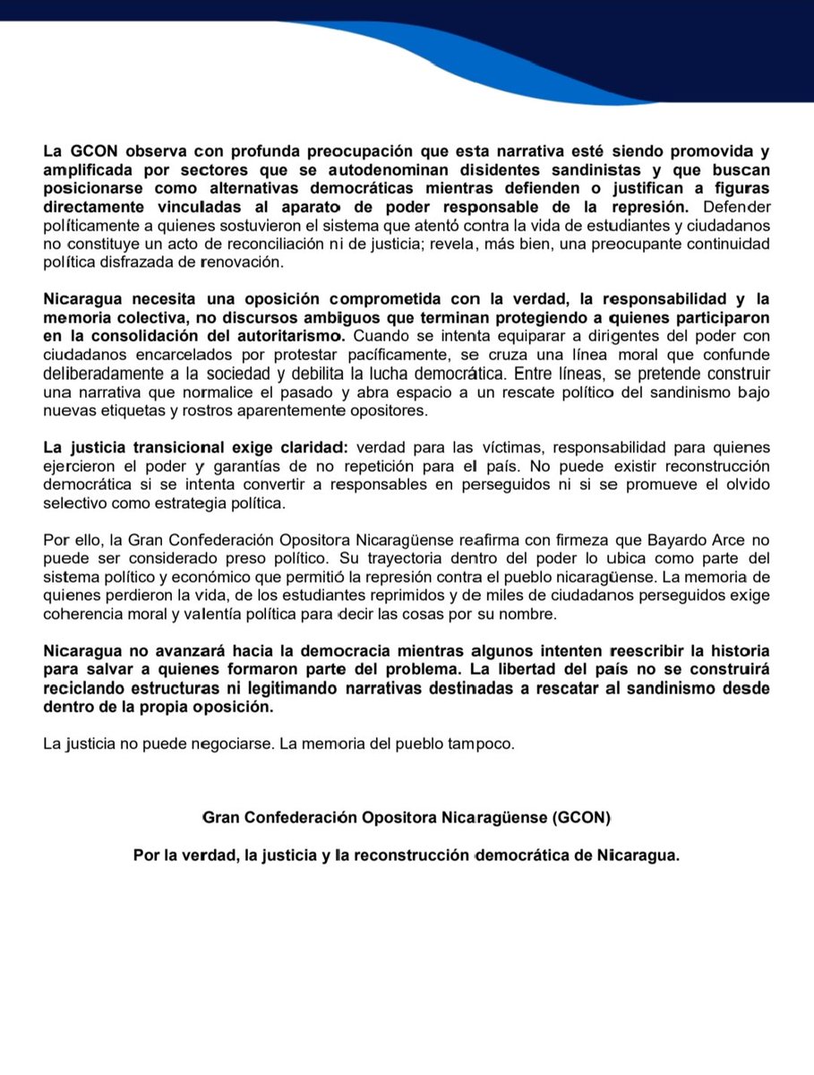 GCONicaragua's tweet photo. COMUNICADO OFICIAL
@GCONicaragua, en cumplimiento de su compromiso con la verdad histórica, la memoria de las víctimas..., se dirige al pueblo y a la comunidad internacional ante los intentos recientes de presentar a Bayardo Arce como un supuesto preso político. https://t.co/P9nXyD7xTX