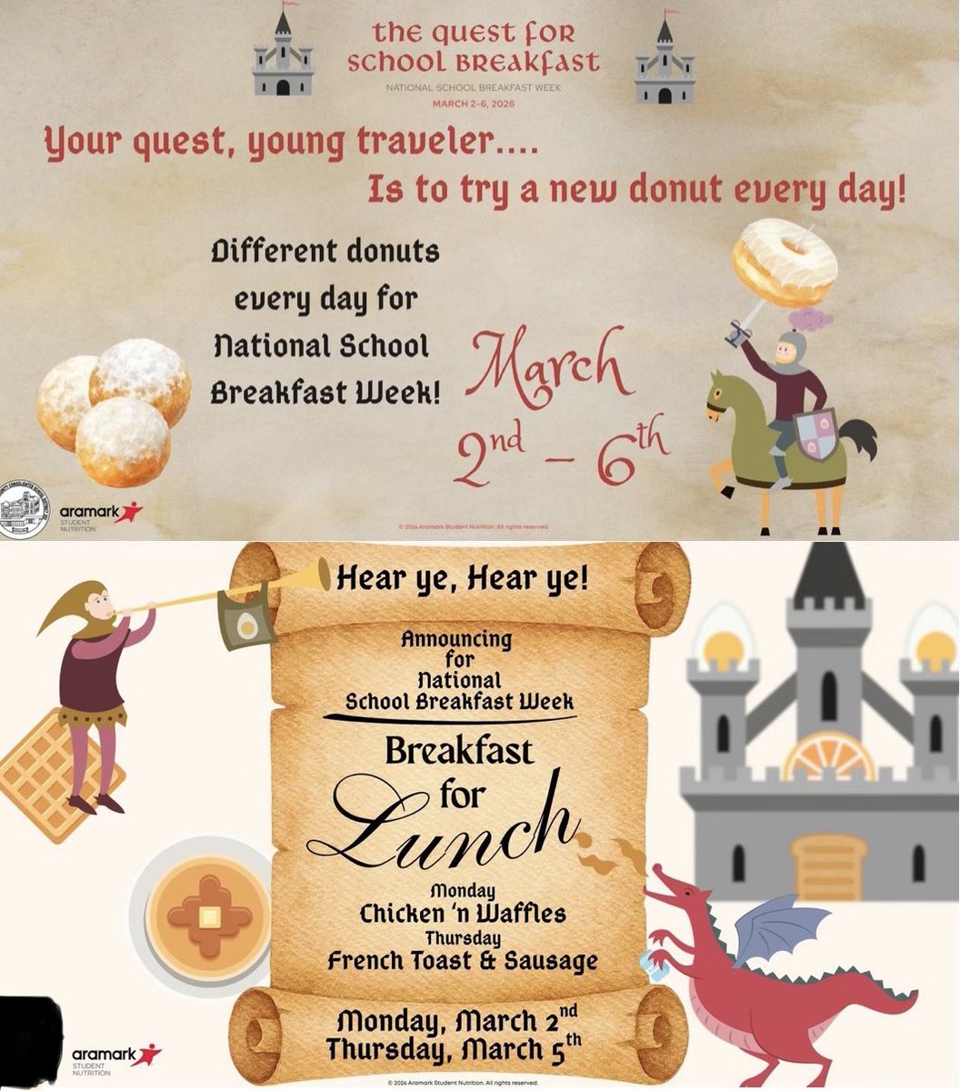 TraceyB1721088's tweet photo. Why is this ok? In honor of “National School Breakfast Week,” March 2-6, THIS is what @Aramark is promoting!!! Try a new donut every day???? 
C’mon @RobertKennedyJr   Let’s make our schools HEALTHY again!!!!
(Look closely at what it says under their logo🤣 What a joke!!) https://t.co/MNgOng0Yzy