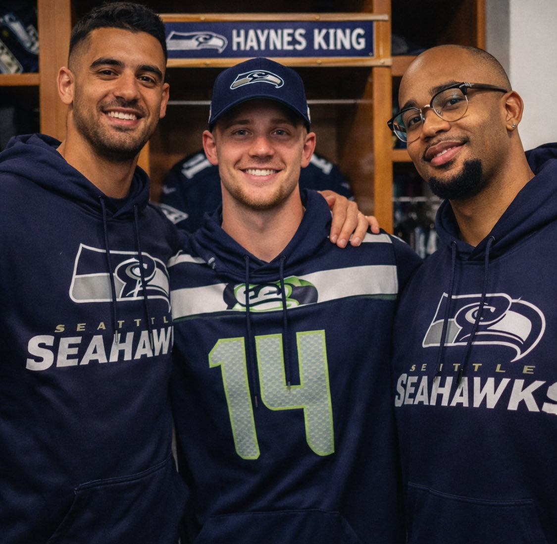 SeahawksFnF's tweet photo. QB Room. Clark. King. Mariota. Three different journeys. One goal. https://t.co/JC1U1vsNKn