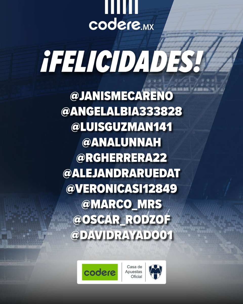 CodereMX's tweet photo. @Rayados 😎 Muchas felicidades, ustedes son nuestros ganadores, manden DM para coordinar su premio.

@JanisMecareno @Angelalbia333828 @luisguzman141 @AnaLunnah @rgherrera22 @alejandraruedat @VeronicaSi12849  @marco_mrs @Oscar_RodzOf @Davidrayado01 

#CodereEsRayado https://t.co/jDhtVmt3Sf
