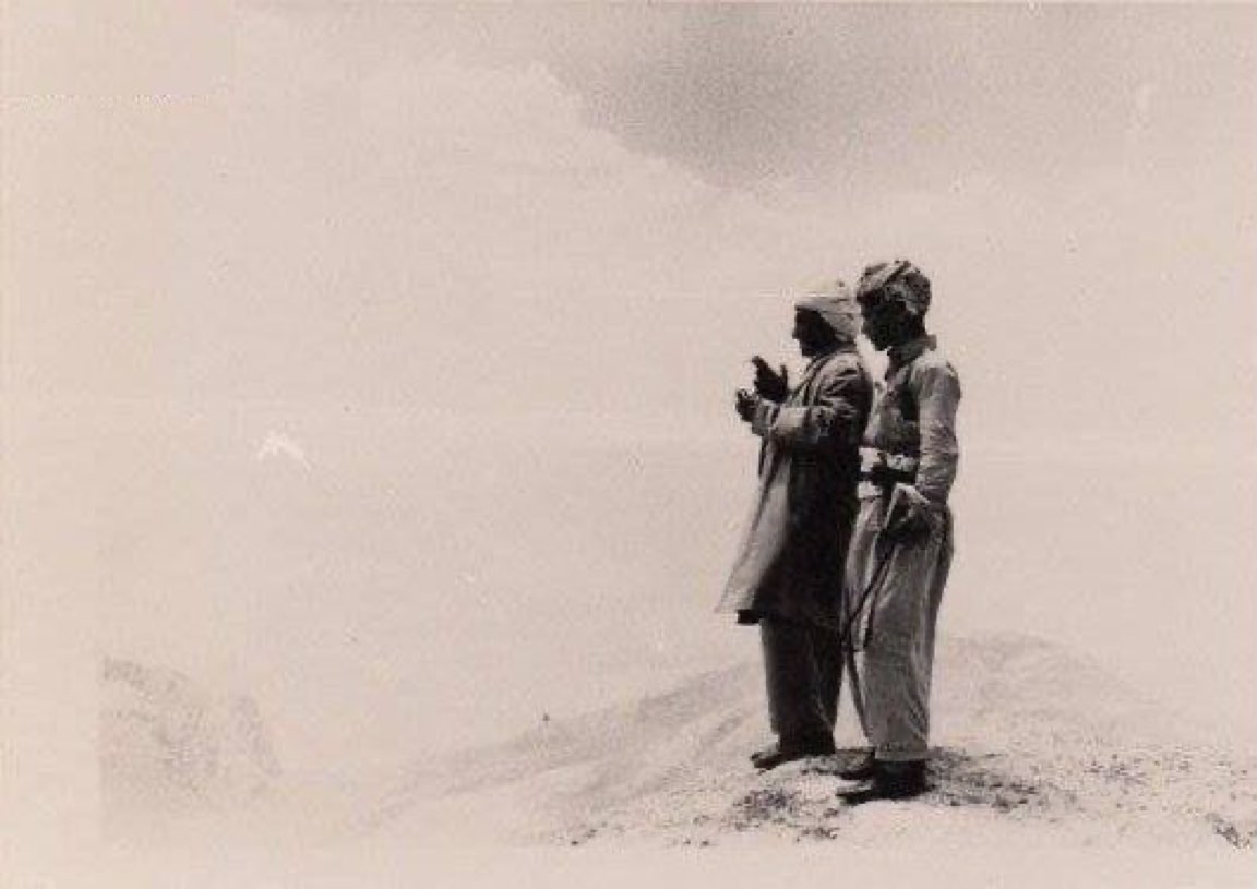 kurdX_'s tweet image. Mustafa Barzani and his son Masoud Barzani in the mountains of Kurdistan, 1960s.