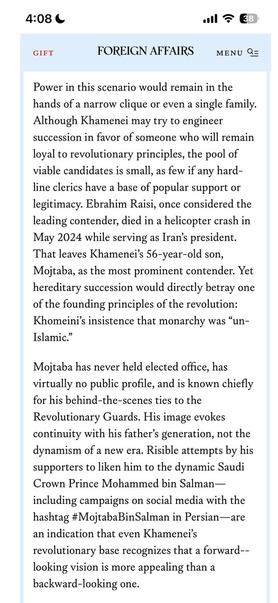 ksadjadpour's tweet photo. I wrote about Mojtaba’s prospects last fall in @ForeignAffairs. He has little public profile or popular legitimacy. https://t.co/UA7bSSv1jk https://t.co/dLwuqM0ny0