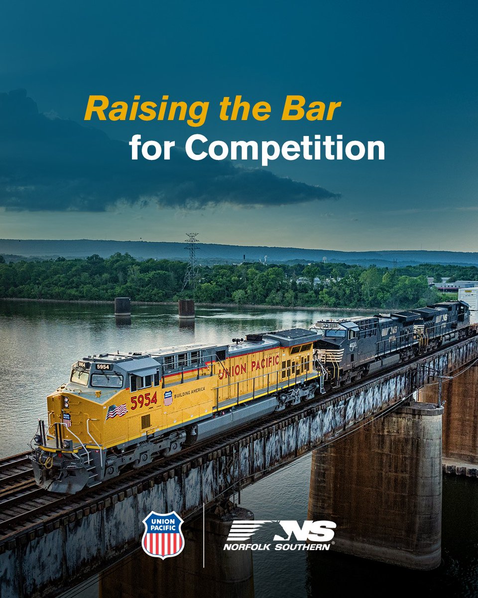 UnionPacific's tweet photo. Connecting the Union Pacific-@nscorp  systems will create a transcontinental network that bridges the gap between East and West, allowing freight to bypass congested interchanges and take the fastest and most efficient, price-competitive route. The result: substantial public benefits like expanded affordability, competitive options for customers in virtually every major corridor, and a stronger, more efficient national rail system. See the plan: https://t.co/f4Y8OAGRqP