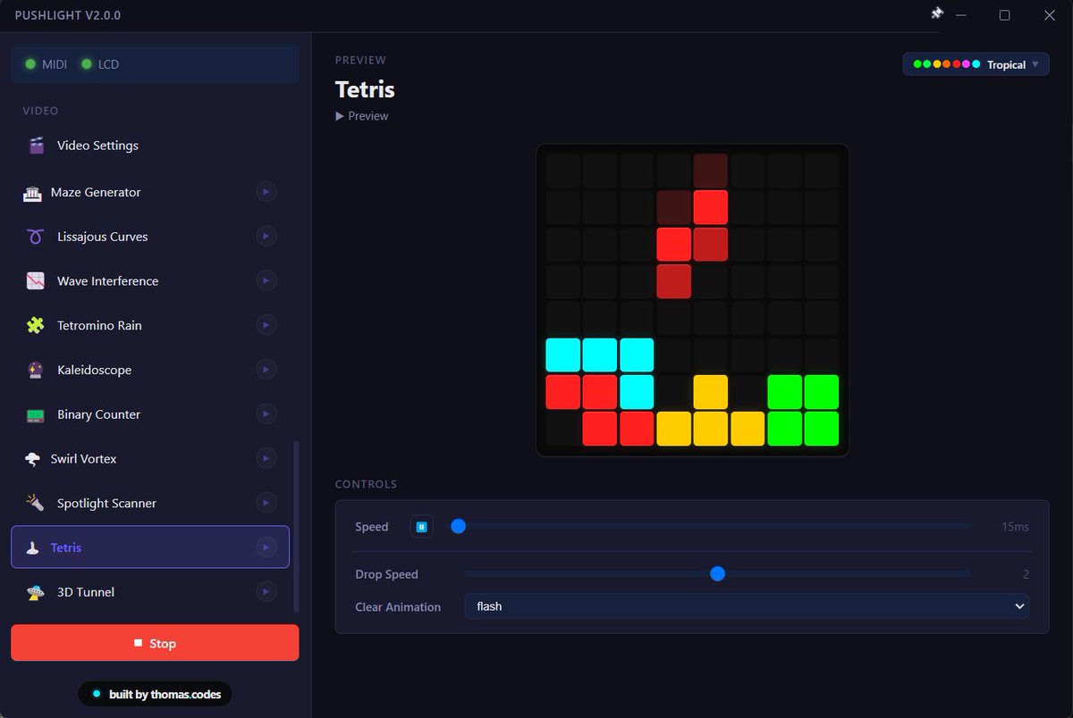 ParanoidAmerica's tweet photo. Something I've been working on that I wanted, but couldn't find: a way to play videos and patterns on an @Ableton Push
Here's a quick preview of an app that does both, very well.
After a bit more polish I'll send free beta copies to anyone that wants to test.
#ableton #push2 https://t.co/rpRLHlsEn6
