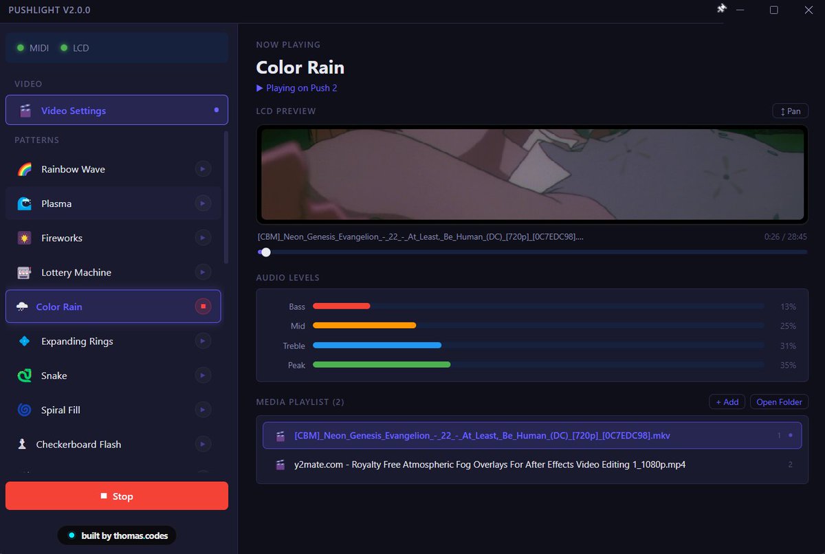 ParanoidAmerica's tweet photo. Something I've been working on that I wanted, but couldn't find: a way to play videos and patterns on an @Ableton Push
Here's a quick preview of an app that does both, very well.
After a bit more polish I'll send free beta copies to anyone that wants to test.
#ableton #push2 https://t.co/rpRLHlsEn6