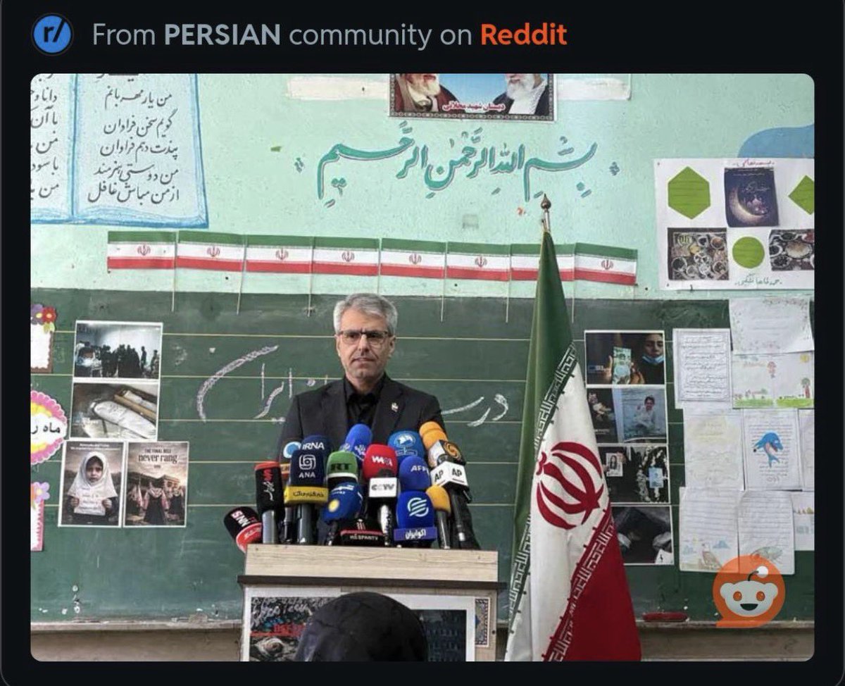 DrMino0's tweet photo. #Iran’s spokesperson of Ministry of Foreign Affairs is holding a press conference in a school class so they can use children as a human shield.

They know the U.S. won’t attack them in a school, and if it does, it’s going to be the greatest propaganda for them! https://t.co/tjY7SL4k2Y