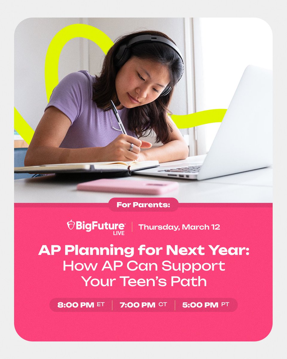 CollegeBoard's tweet image. Explore how AP courses can support your student’s college and career goals with #BigFuture Live. 📖

Join us March 12 to discover AP options — from AP Art History to AP Cybersecurity — and learn how to choose courses that align with their future plans. Our experts will answer