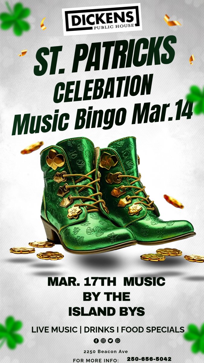 Join us Tuesday Mar 17th for live music by The Island Bys 5-9pm.Guinness. drinks, and Irish food specials at 2250 Beacon Ave. Music Bingo on Sat Mar 14 at 8pm. Call 250-656-5042 for info. #StPatricksDay #LiveMusic #FoodSpecials