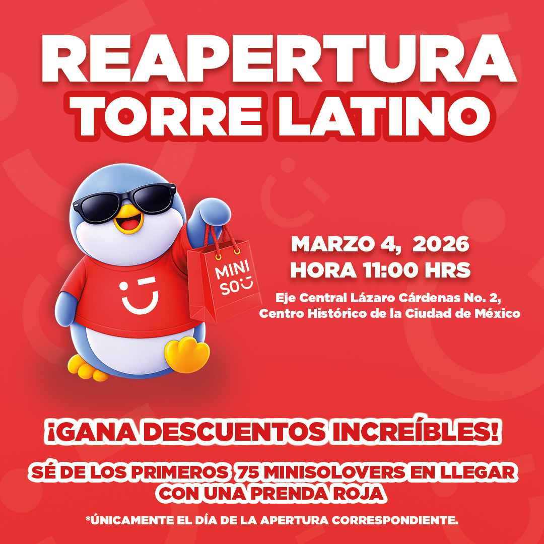 MinisoMexico's tweet photo. 🚨 ¡Reapertura Miniso #TorreLatino! 🚨
📍 Miércoles 04 de marzo
⏰ 11:00 hrs

💖 Los primeros 75 MinisoLovers
que vistan una prenda roja ❤️
recibirán un cupón de descuento 🎟️✨

#MinisoMéxico 
#NoSabíaQueLoNecesitaba 

*Consulta términos y condiciones https://t.co/DT6SrsnpUU