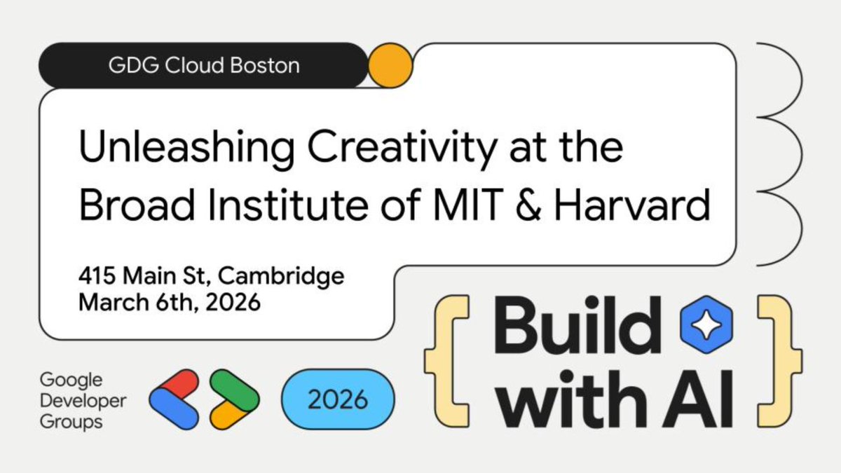 Build with AI: Unleashing Creativity at The Broad Institute

Event by GDG Cloud Boston
When: Fri, Mar 6, 2026, 4:00 PM - 7:00 PM (EST)
Where: 415 Main St, Cambridge, Massachusetts, US, 02142

Broad Institute of MIT and Harvard