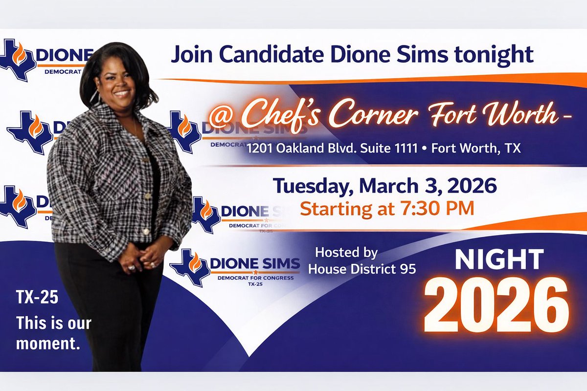 DioneSims365's tweet photo. Tonight, we gather.

My team and I are joining House District 95 for an Election Night Watch Party at Chef’s Corner Fort Worth. Come by and say hi! And CELEBRATE with us. ￼

LIVE DJ.
Community vibes.
Victory energy.

For more information, contact:
Melinda — (817) 938-8892 https://t.co/Fc6n21miLN