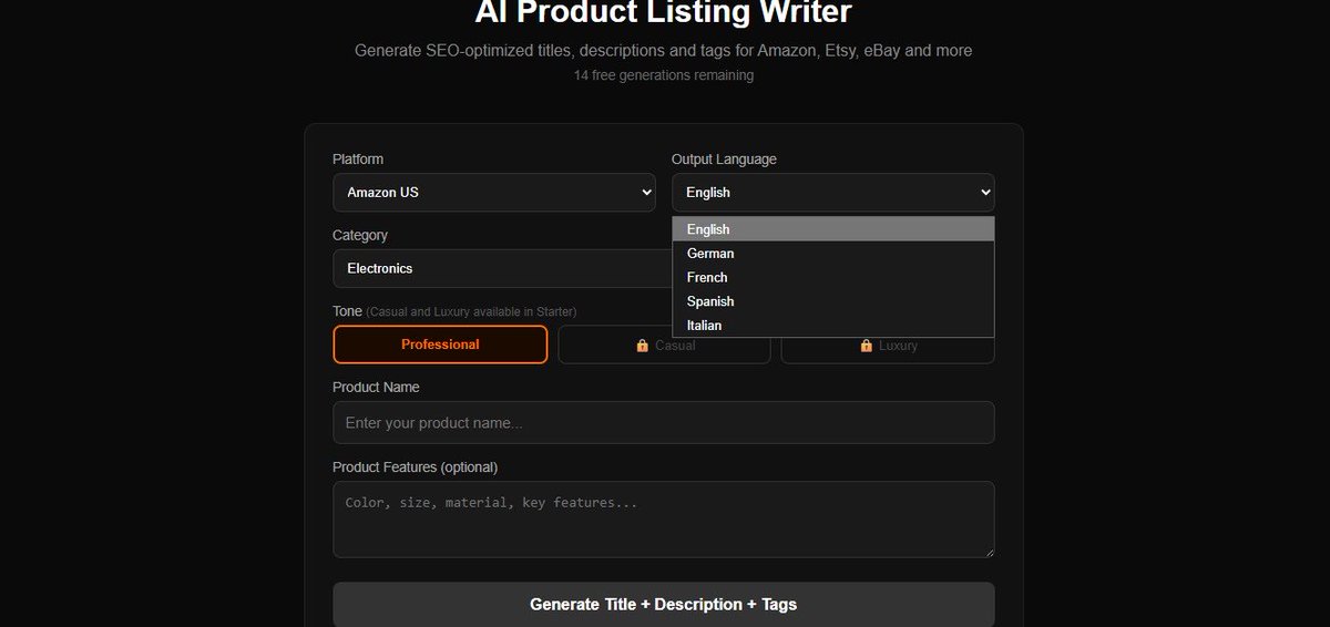 agnbyzz's tweet photo. Just built a free AI tool for e-commerce sellers.

→ SEO title
→ Product description  
→ 10 SEO tags
→ 5 languages
→ Amazon US &amp; UK English

15 free generations. No signup needed.

https://t.co/PYQllcHjYj

#ecommerce #etsy #amazonseller #ebay https://t.co/bnAGdEIA04
