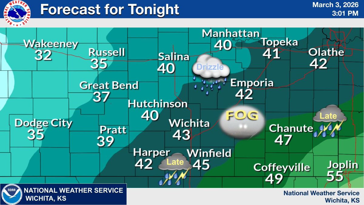 NWSWichita's tweet photo. Fog and drizzle may impact parts of eastern Kansas this evening and tonight. A few strong thunderstorms are possible late tonight and into the morning hours on Wednesday, especially over parts of south central and southeast Kansas. #ksws https://t.co/9irECpoICG