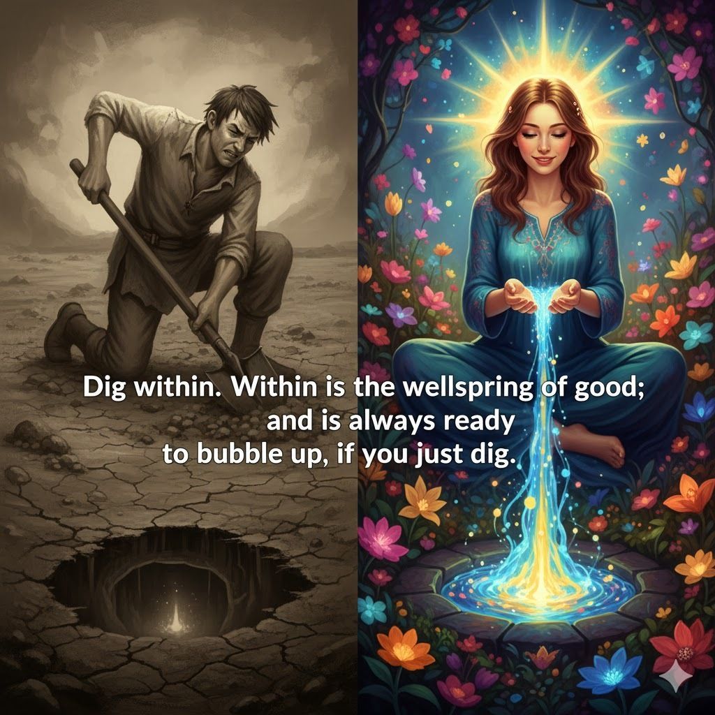 Dig within. Within is the wellspring of good; and it is always ready to bubble up, if you just dig.

#SelfDiscovery #InnerStrength #LookWithin #Potential #SelfAwareness #PersonalPower #Introspection #Quotes #ShareInspireQuotes