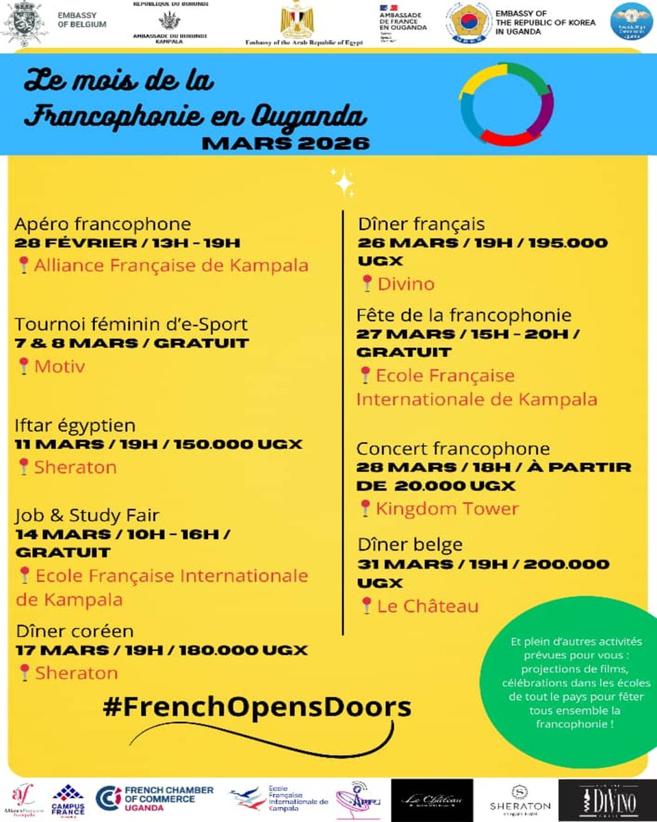 FrancophonesUG's tweet photo. En mars, la francophonie prend feu en Ouganda ! 🔥🇺🇬
La perle de l'Afrique vibre au rythme de musique, danse, expos, festivals culinaires et artistiques…
Locuteurs et passionnés, tous se conjuguent pour célébrer la beauté du français et la diversité des cultures francophones. https://t.co/wcxbnJCyLI