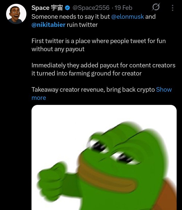 I have been saying it since they should take away monetisation if they want to make X any better

I have seen so much fake news compared to actual news

So many rage bait too just take all these away and bring back crypto twitter