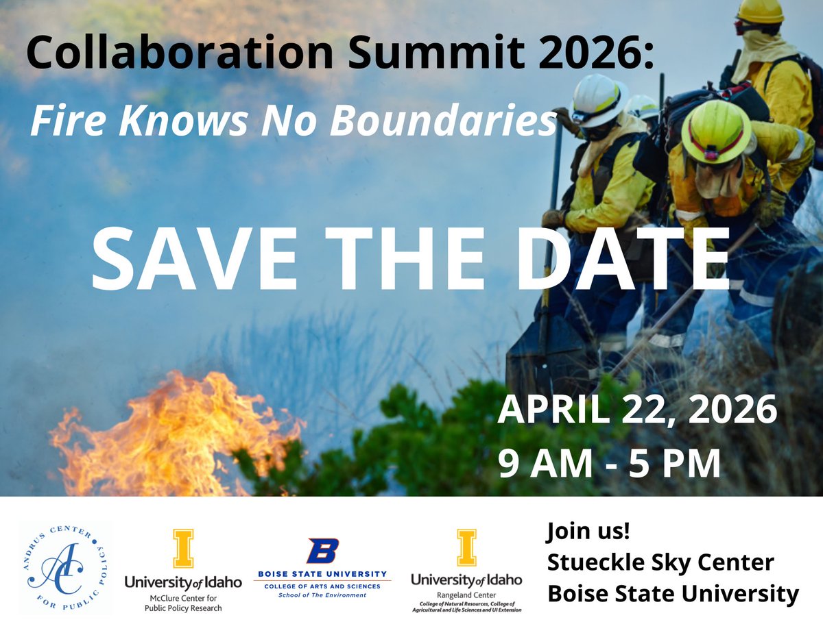 AndrusCenter's tweet photo. REGISTRATION OPEN!
Join the McClure Center, Andrus Center, and the Rangeland Center for a one day Collaboration Summit to highlight Idaho partnerships formed around responses to wildland fire. https://t.co/tXpBDGfR88 https://t.co/RwXbgfP8wc