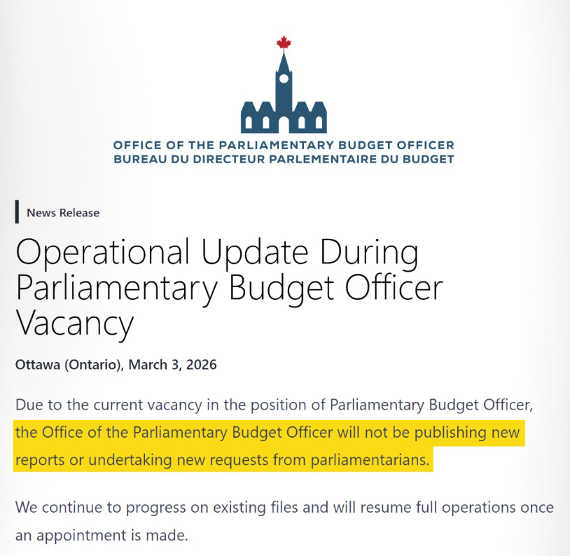 Mark Carney ALLOWED the PBO contract to expire without hiring a replacement. 

This is a BATRAYAL. How can the government be held accountable if there is no Parliamentary Budget Officer. 

Liberal VOTERS how can you be OK with this?