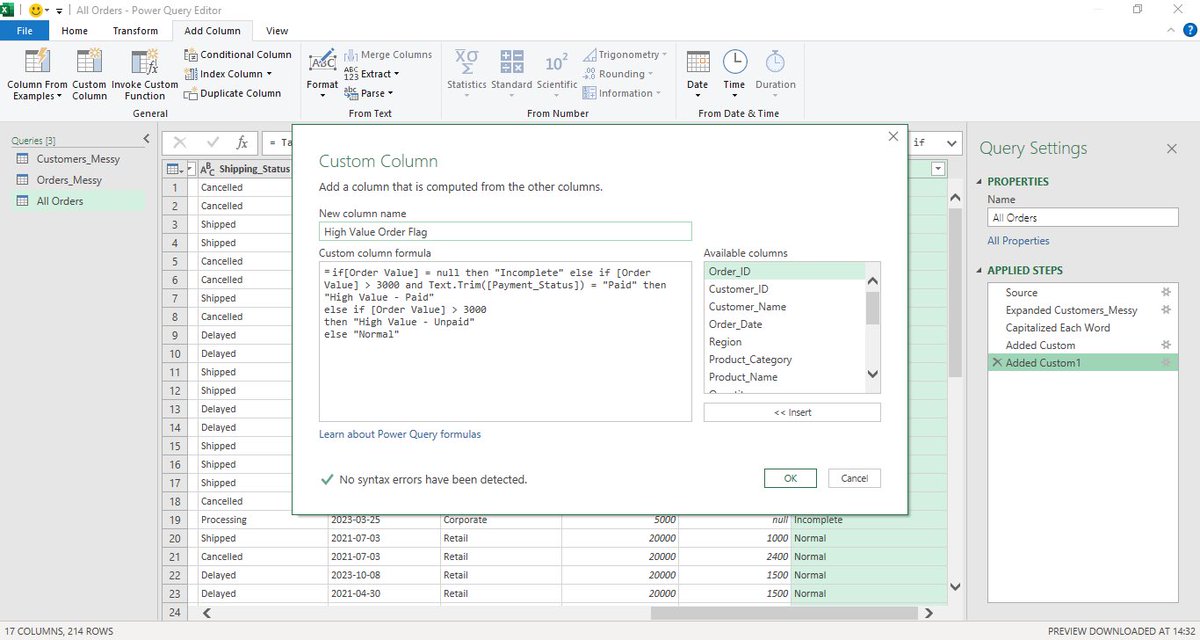 Day 28 of Data Analytics.

Today I was focusing on Conditional Logic &amp; Merging Practice in a Power Query. I practice advanced conditional columns - nested IFs. I have learnt that conditional logic is mainly used to flag and classify specific conditions in data
#BuildingInPublic