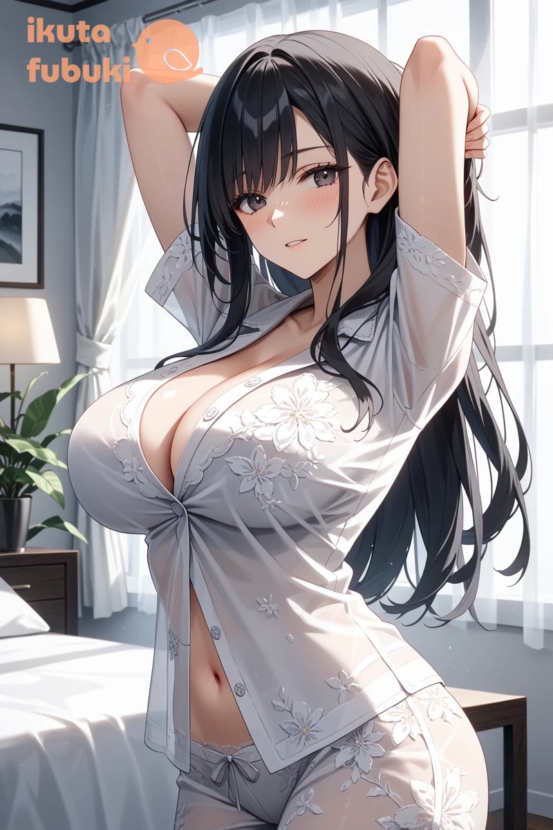 皆さんおはようございます☀
フェリシアさんの素敵なイベント参加します✨
#水曜パジャマパーティー 
今日は白色のパジャマに身を包んだ愛華さんがテーマです💕
清楚なだけじゃ…ないですよ？

SFW. No nudity, no suggestive intent AI Art
#四宮愛華