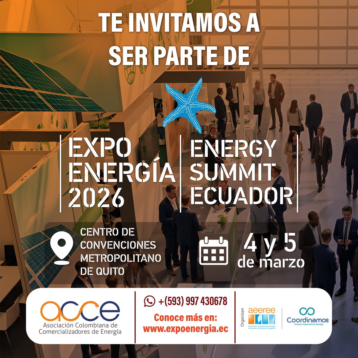 ACCE te invita a vincularte a EXPO ENERGIA 2026, este 4 y 5 de marzo en Quito, Ecuador. Para inscribirte en el evento por favor ingresa a la página web: expoenergia.ec
