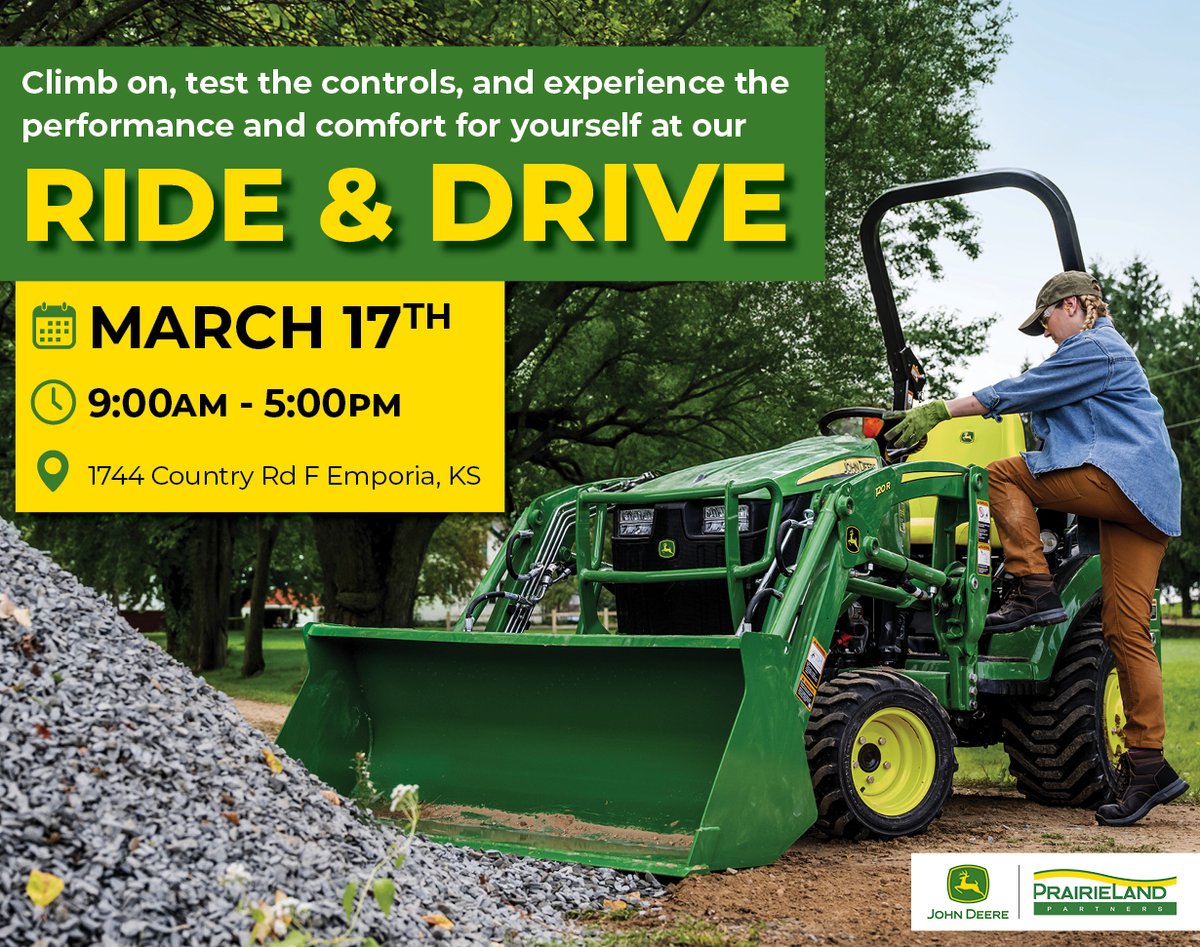 PrairieLandJD's tweet photo. Celebrate St. Patrick’s Day with us at PLP Emporia from 9 AM – 5 PM on March 17th for a hands-on Ride &amp; Drive event featuring John Deere 1 - 5 series compact utility tractors and lawn mowers.

Climb on, test the controls, and experience the performance and comfort for yourself. https://t.co/zkjYvJUzOp
