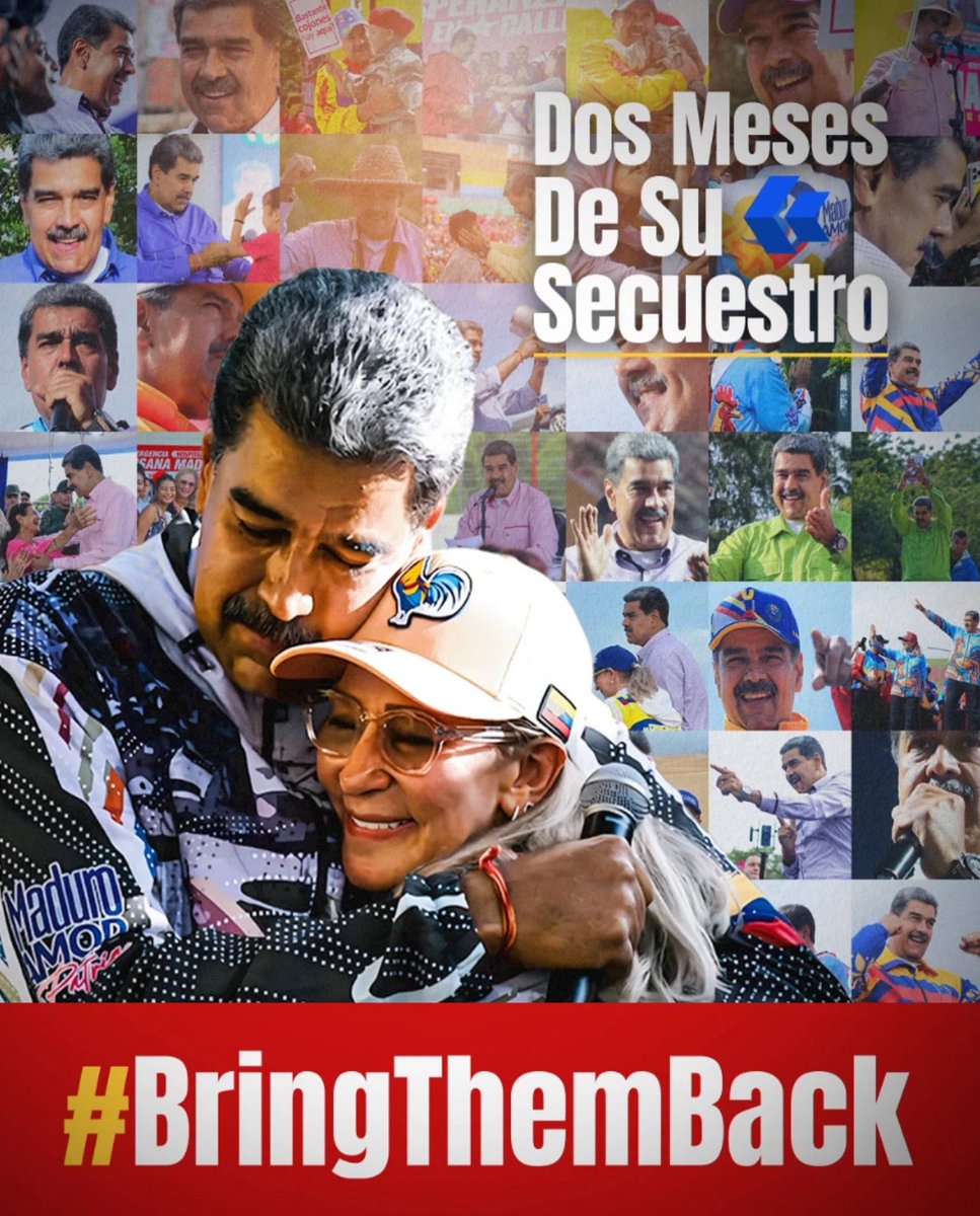 2 meses del vil secuestro de nuestro Presidente Nicolas Maduro y la Primera dama Cilia Flores de Maduro y el pueblo venezolano exige al gobierno de EEUU que los libre 👉🏽✌🏽🇻🇪

#BringThemBack
#LosQueremosDeVuelta