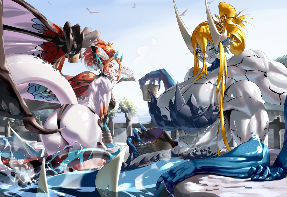 A time to relax the bones after a good battle what beats a good soak? The two giants enjoy a relaxing hot spring as they lie back and chill.  

Another collab with Rhaize, fire comm from q_time702: pixiv.net/en/artworks/13…