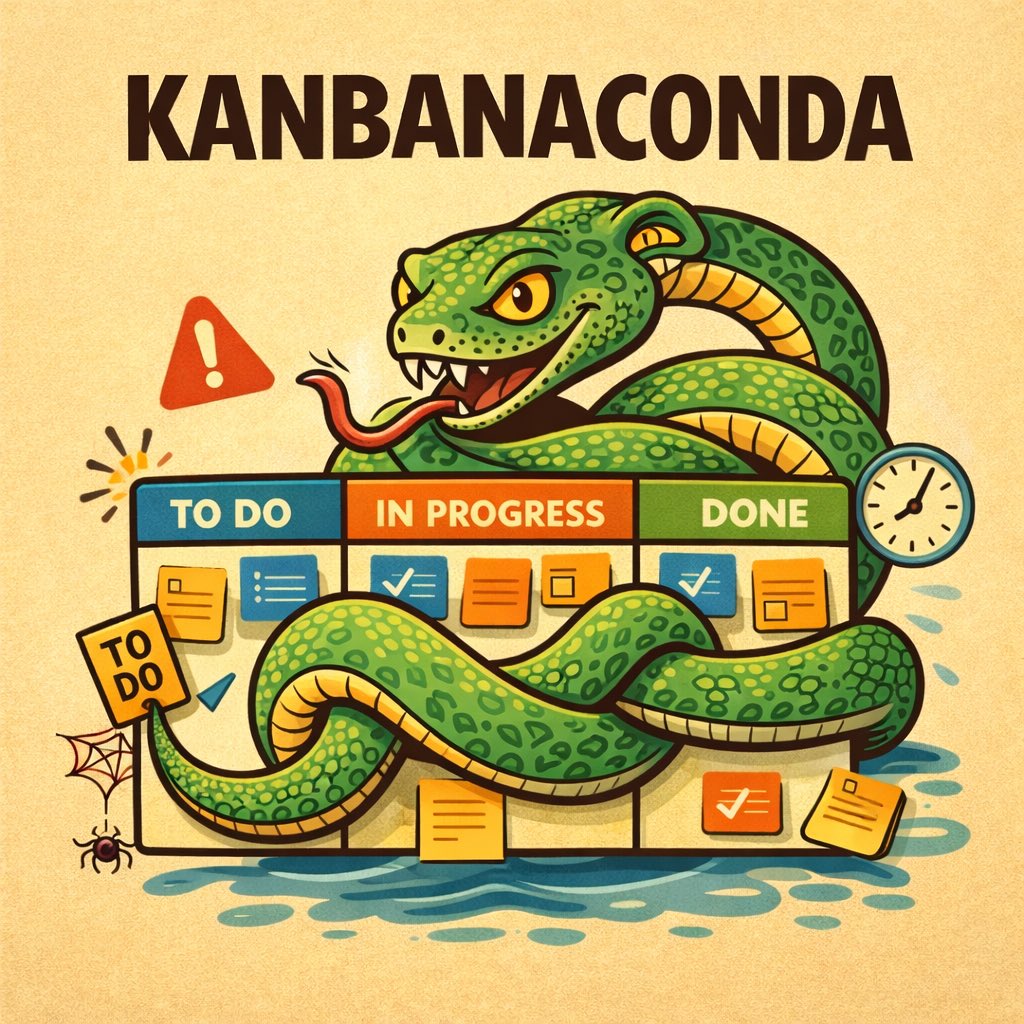 RealVacayCoin's tweet photo. KANBANACONDA 🐍📋

“Quick board cleanup…” -> she coils around your whole sprint.
Moves DONE -> IN PROGRESS -> TO DO. Hisses: “just one more tiny card.”

Counter: Freeze the board · No reshuffles on vacay · Anything not P1 -> Monday

#VACAYCOIN https://t.co/S27xliqpct