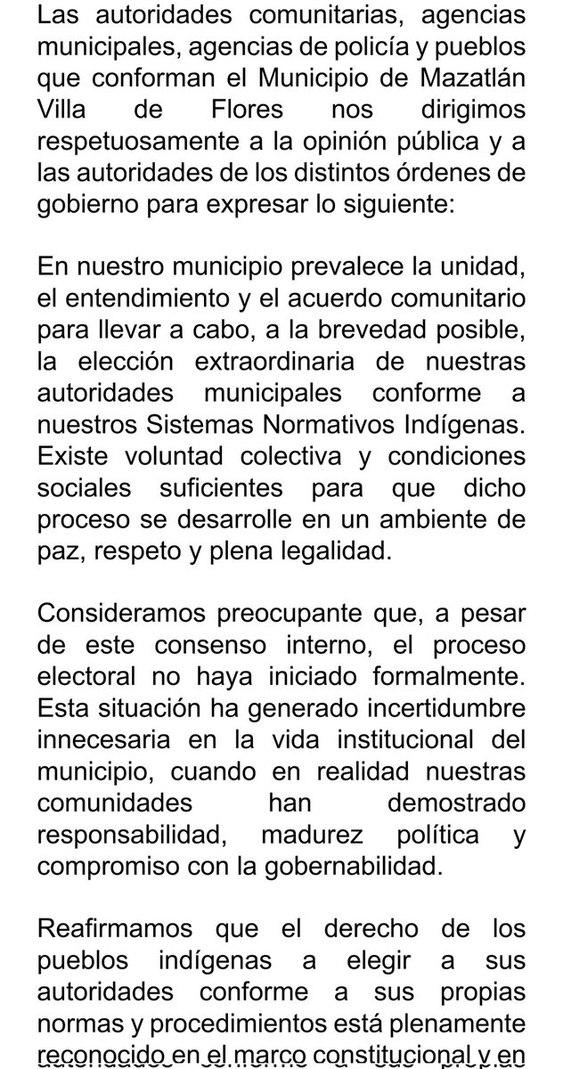 OaxNT's tweet photo. Mazatlán Villa de Flores envía comunicado a @GobOax @Claudiashein
@TEEOax @IEEPCO @INPImx @jesusromerooax @GobiernoMX para celebrar elecciones extraordinarias en su comunidad, permanecen en palacio de Gobierno, piden una audiencia con el Gobernador @salomonj https://t.co/EhXoTrvQhl