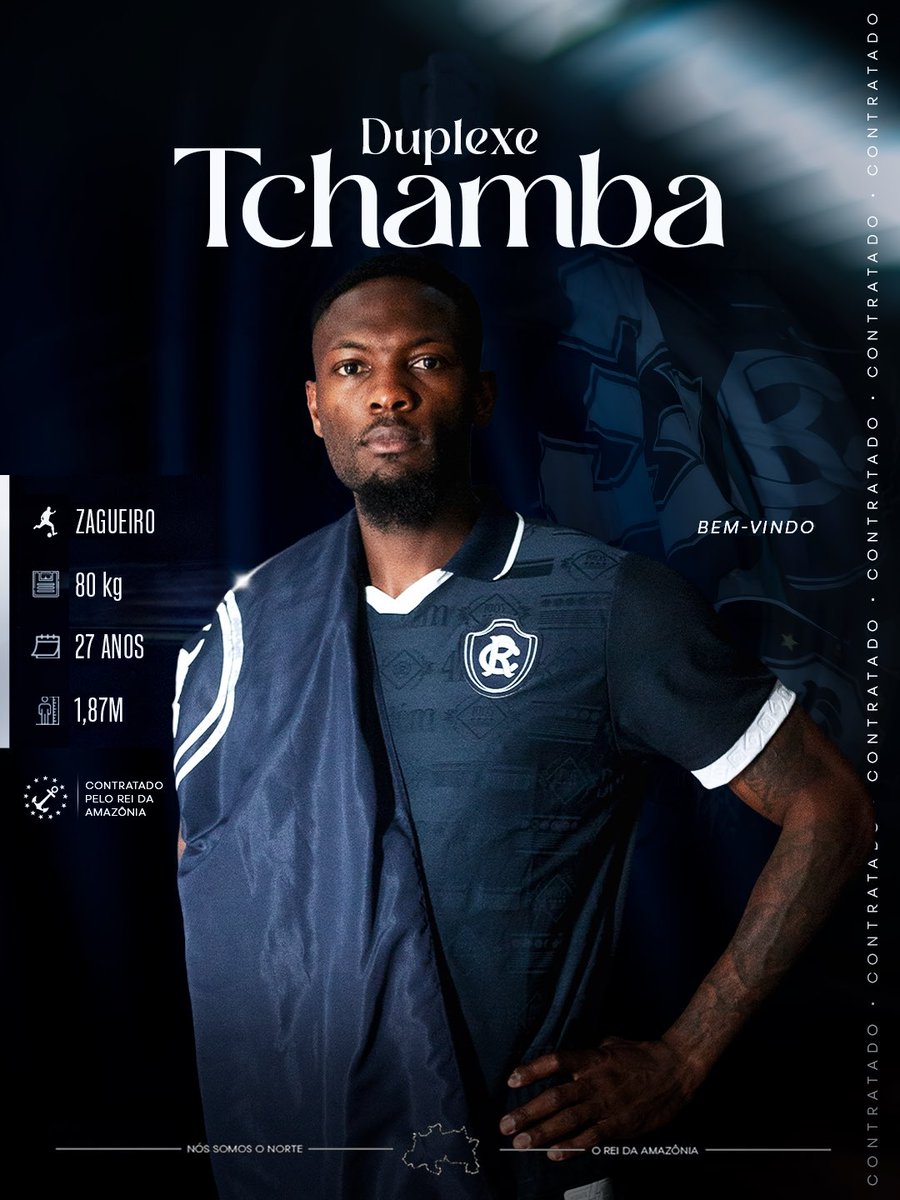 ClubeDoRemo's tweet photo. Seja bem-vindo ao Leão! 🦁💙

O Clube do Remo anuncia a contratação do zagueiro Duplexe Tchamba.

O defensor camaronês de 27 anos chega do Casa Pia A.C. e já soma passagens por clubes da França, Noruega e Dinamarca, além de convocações para a seleção de Camarões.

#OReiDaAmazônia https://t.co/OnZ96on1S2