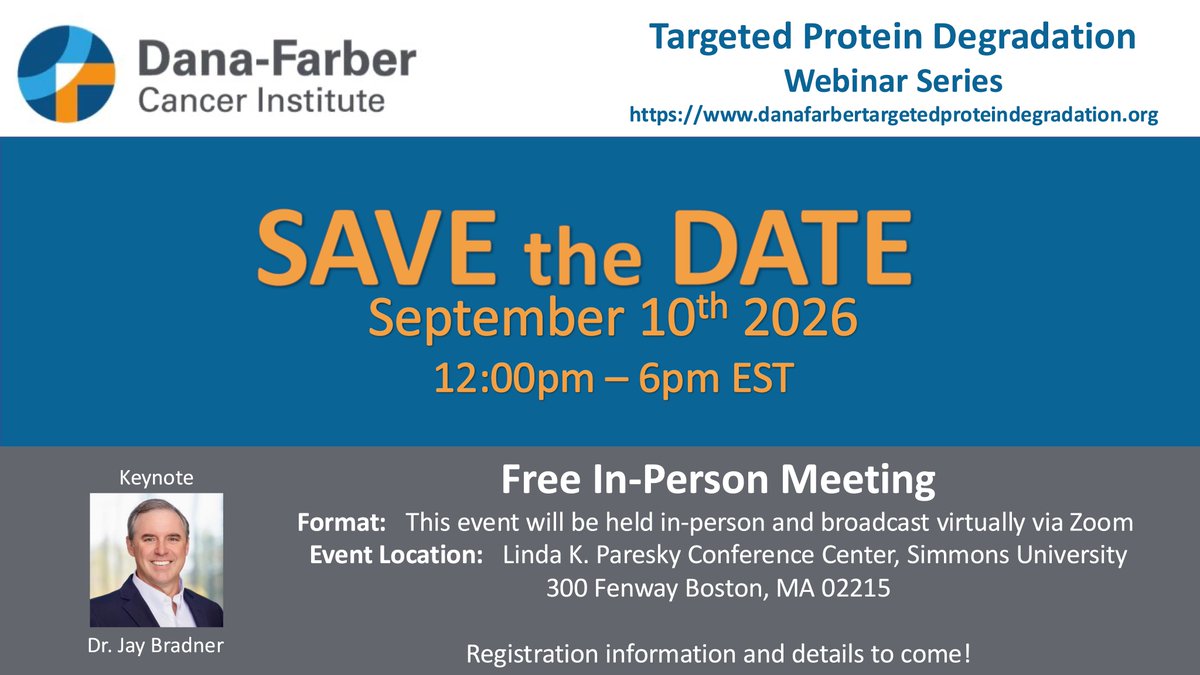 kdonovan1008's tweet photo. 📢 Save the Date for our DFCI Targeted Protein Degradation in-person Meeting!!

📍 Location: Boston, MA
 📅 Date: September 10th, 2026
 🔬 Talks from leaders in the field
🤝 Networking reception
🌍 Livestream available https://t.co/1MqbfmzGwR