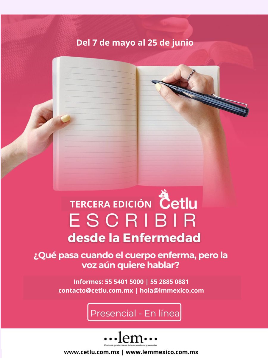 lem_mexico's tweet photo. ¿Qué pasa cuando el cuerpo guarda memorias aún no narradas?
Taller de escritura autobiográfica + Body Mapping 📍 Puebla 🗓 May–jun 2026 💻 8 sesiones virtual | presencial 
Dirige: Dra. @lauraathie  
@lem_mexico | @CetluLupusMex
👉contacto@cetlu.com.mx
👉https://t.co/VxrW0JAU2S https://t.co/QHgBKMjOMN