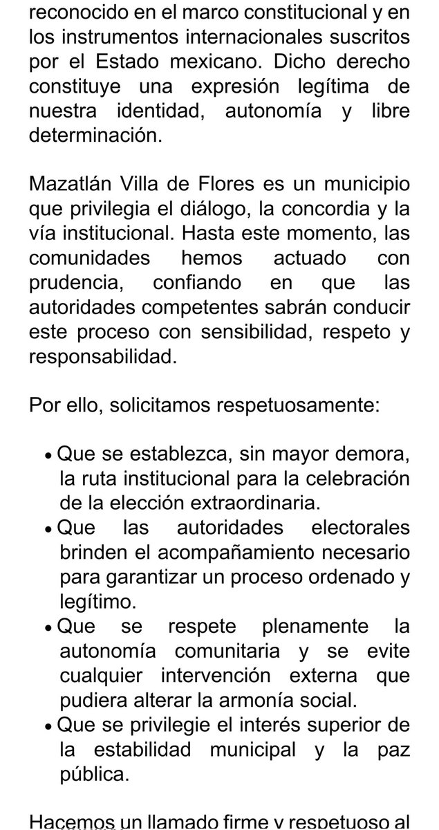 OaxNT's tweet photo. Mazatlán Villa de Flores envía comunicado a @GobOax @Claudiashein
@TEEOax @IEEPCO @INPImx @jesusromerooax @GobiernoMX para celebrar elecciones extraordinarias en su comunidad, permanecen en palacio de Gobierno, piden una audiencia con el Gobernador @salomonj https://t.co/EhXoTrvQhl
