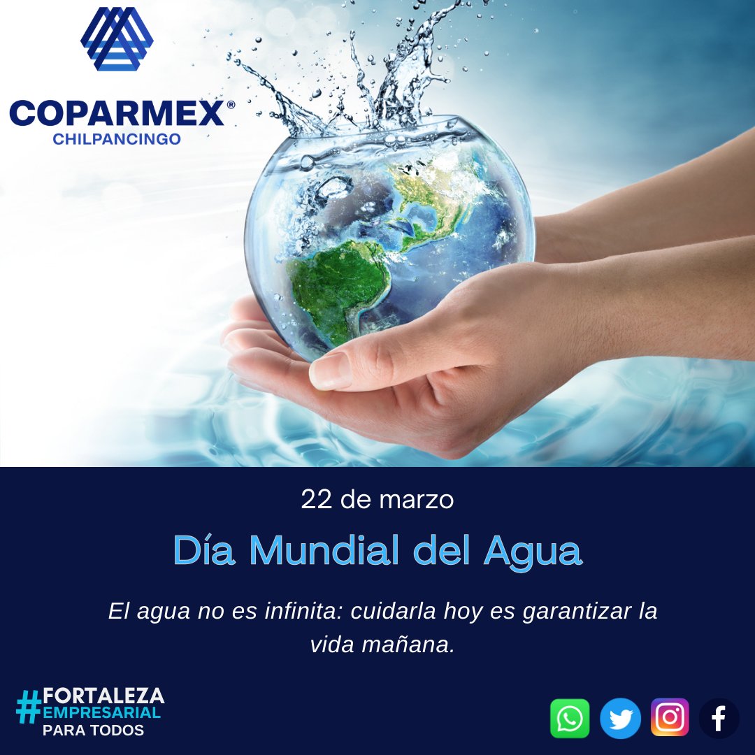 Hoy celebramos el Día Mundial del Agua, un recurso vital que debemos proteger con visión y compromiso. 🤝

En COPARMEX Chilpancingo hacemos un llamado a fortalecer la cultura del ahorro, la eficiencia y la gestión sostenible de este recurso. 🌎

#FortalezaEmpresarialParaTodos