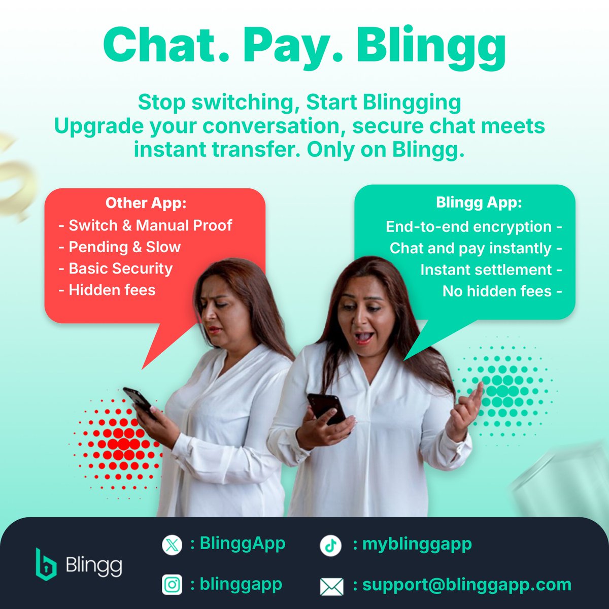 BlinggApp's tweet photo. Coming Soon: Blingg! 🌟
Your all-in-one app for chatting, paying, and money transfers is on the way!

🔐 Secure &amp; Fast: Ensures your safety.
💸 No Hidden Fees: 100% Transparent.
 Launching soon. Be among the first to try Blingg!

#ChatPayBlingg #ComingSoon https://t.co/UNvFeSFoya