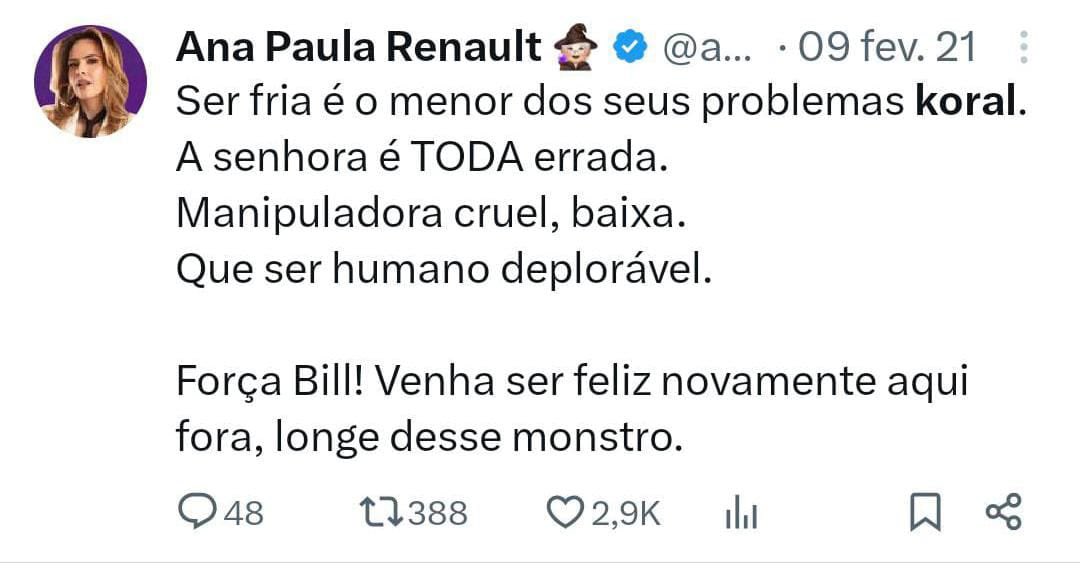 andfalou's tweet photo. ‼️AGORA: 

Internautas resgatam tweets de Ana Paula Renault na época do BBB 21 com críticas pesadas a Karol Conka e escancaram a hipocrisia da sister. 

#BBB26 #RedeBBB https://t.co/AkoYWczhXq