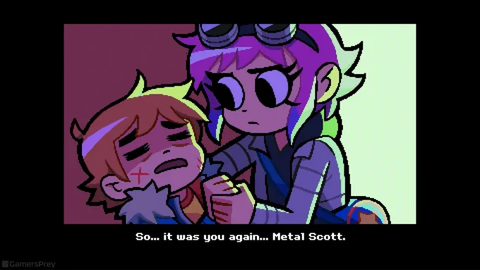Intro cutscene to the game featuring Ramona holding a knocked out Scott. In classic 2D game fashion, I cut out and masked the arms so it parallax scrolled in the foreground nicely for a few frames. I hope people appreciate that tiny detail lol

I drew all these as high resolution illustrations and they were pixelated over by the staff at Tribute!