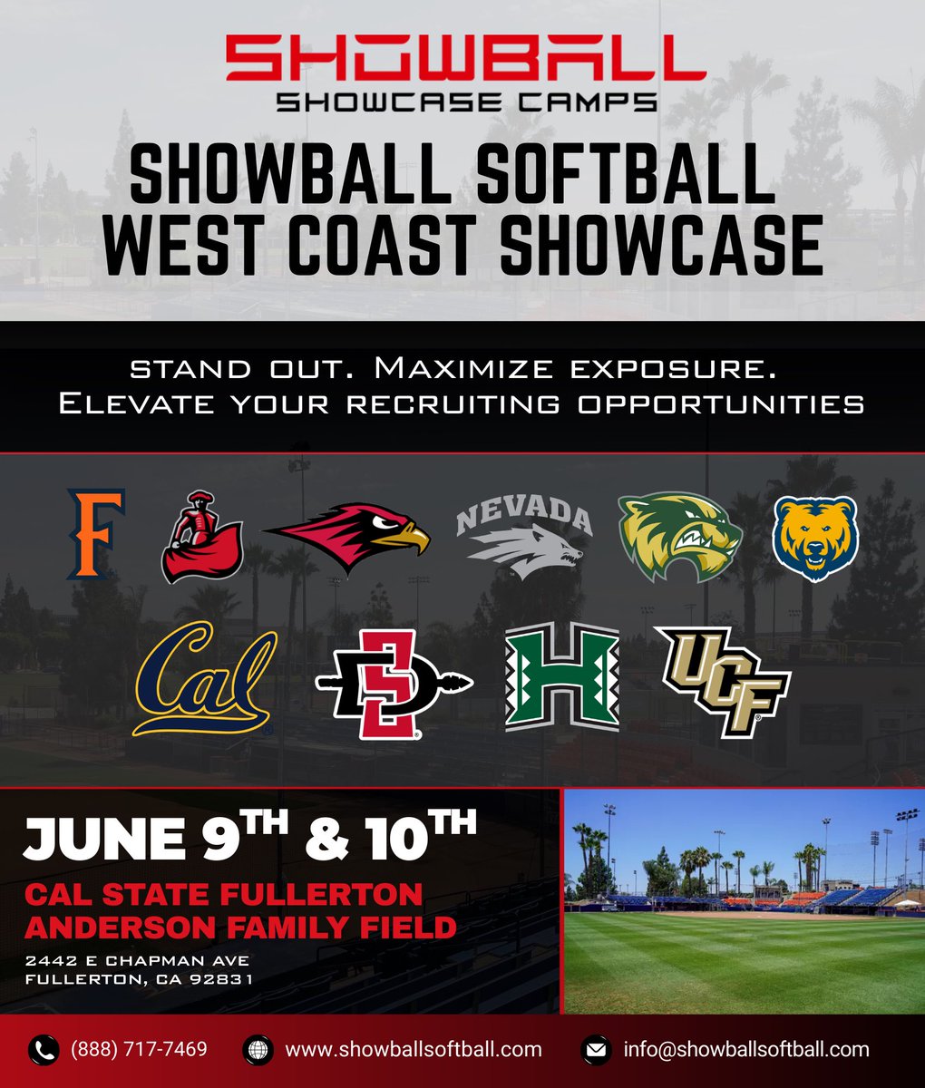 showballsb's tweet photo. The Showball Softball West Coast Showcase is officially LIVE 🌴🥎

📍 Cal State Fullerton – Anderson Family Field
📅 June 9th &amp; 10th

Spots will go fast — secure yours now.
🔗 https://t.co/xhtHohqBm2
📞 (888) 717-7469

#Showball #ncaasoftball #SoftballRecruiting #softball https://t.co/I2P3g8YZAx