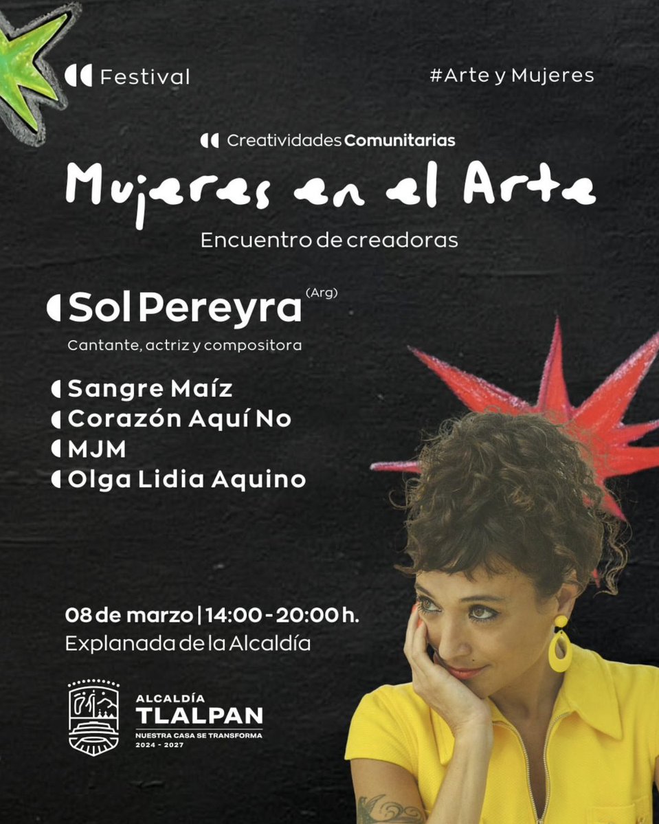 México de mi corazón este 8 de marzo de estoy de regreso, tocando el Festival Arte y Mujeres en la explanada de la Alcaldía Tlalpan. Vamos con la banda completa y queremos que sea una fiesta! Nos vemos ahí