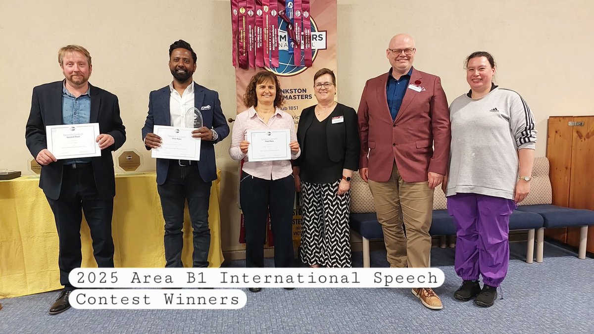 1851Toastmaster's tweet photo. RECAP: 2025 Area B1 Speech Contests saw Asanga of Berwick 1st in International &amp; Evaluation; Simon M of of Frankston 1st Table Topics; and Dinil from Berwick 1st in Humorous. The winner of each is invited to compete at the Division Contests held March 2026.Lynbrook https://t.co/TncaYHWDPx